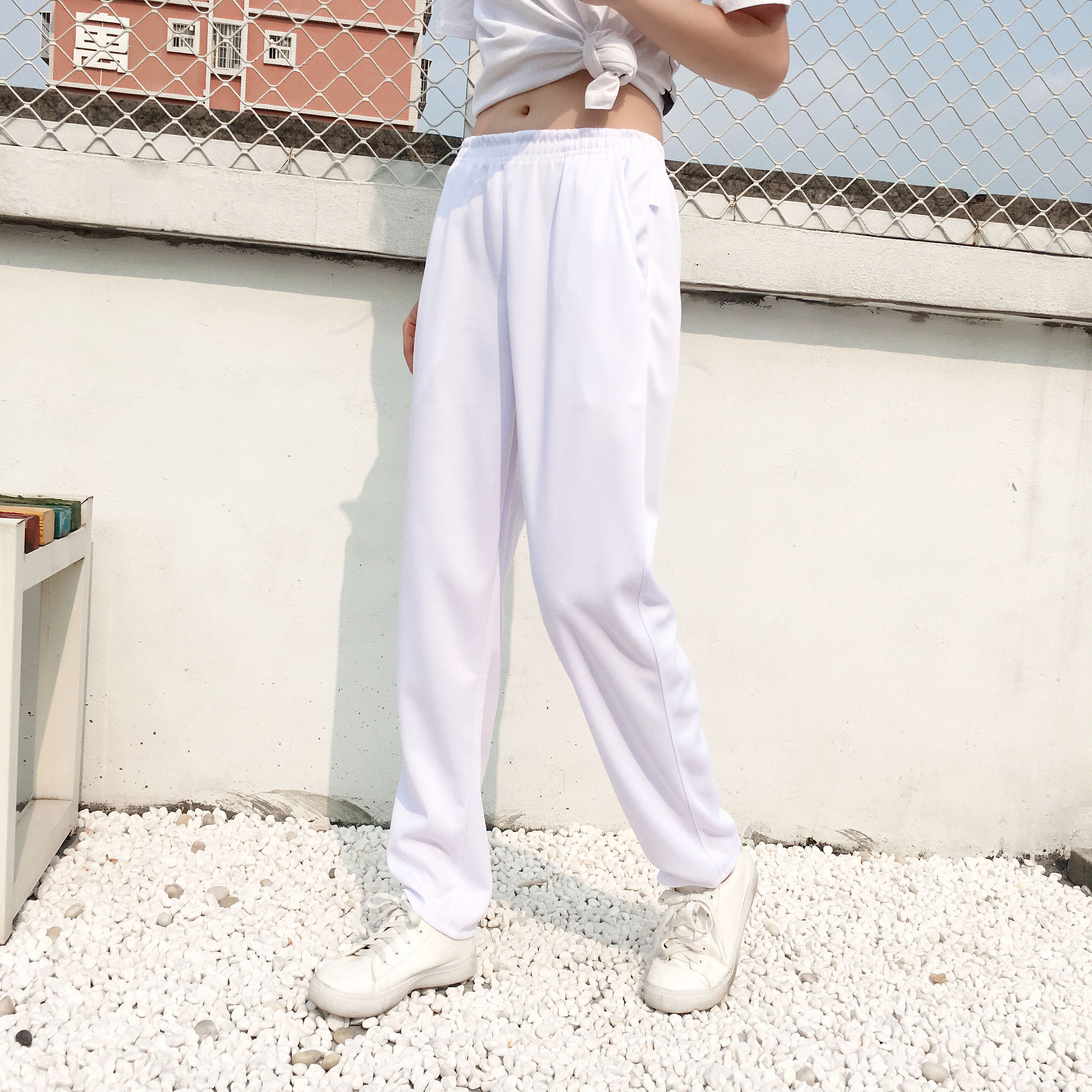 佳木斯广场舞白色运动裤男女情侣款直筒宽松团体运动会班服白裤子