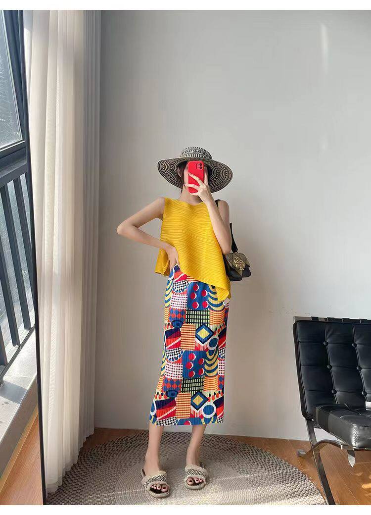 三宅褶皱半身裙2025新款夏季女装中古印花中长裙女显瘦遮肉一步裙