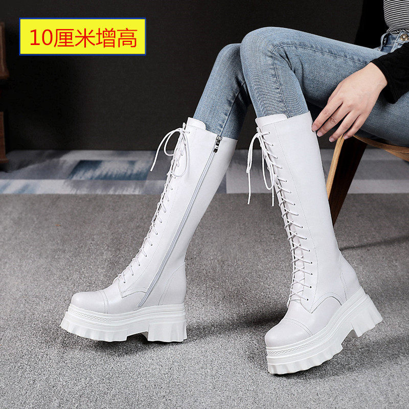 10cm内增高真皮不过膝中长靴女秋冬加绒中靴小个子厚底长筒马丁靴