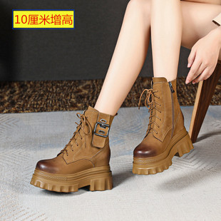 10cm内增高真皮系带马丁靴女秋冬英伦风复古小个子坡高跟厚底短靴