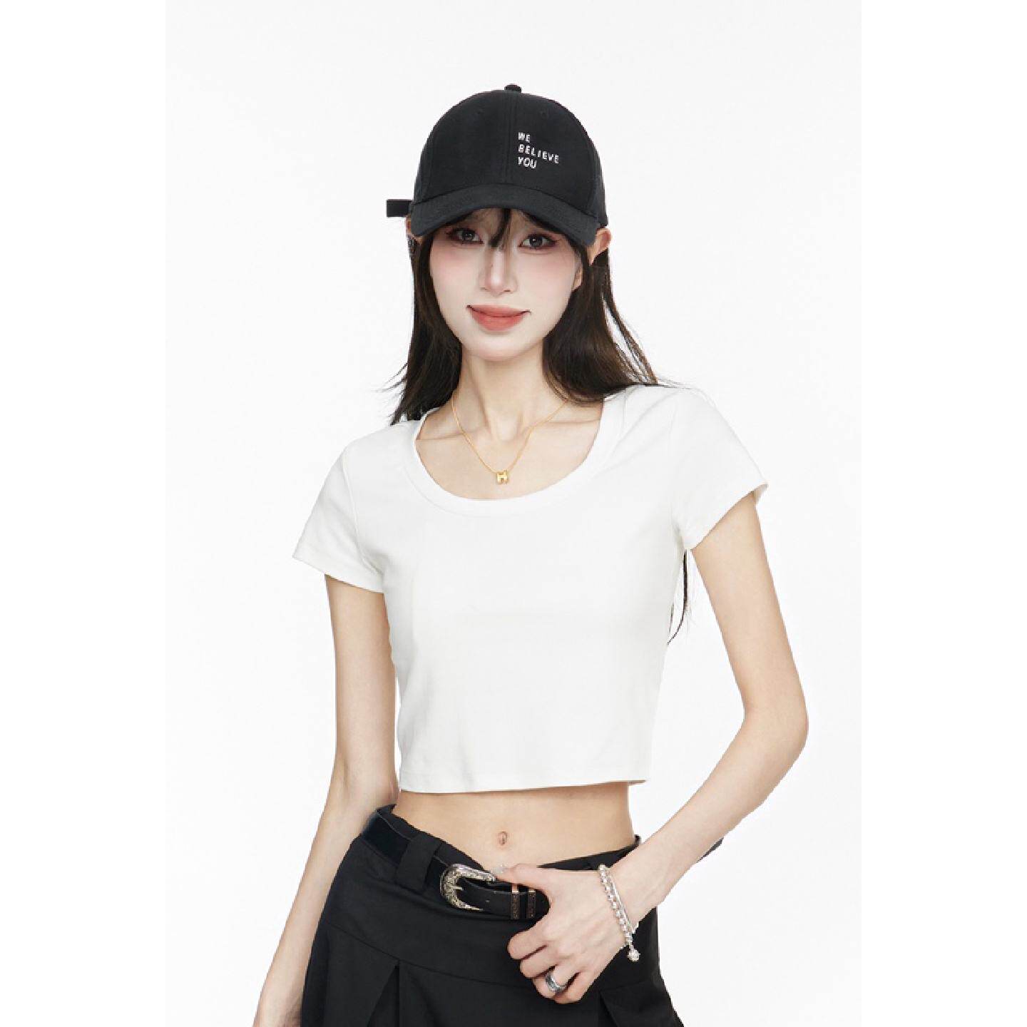 白色圆领正肩短袖t恤女2025夏季韩版设计感百搭小个子短款上衣