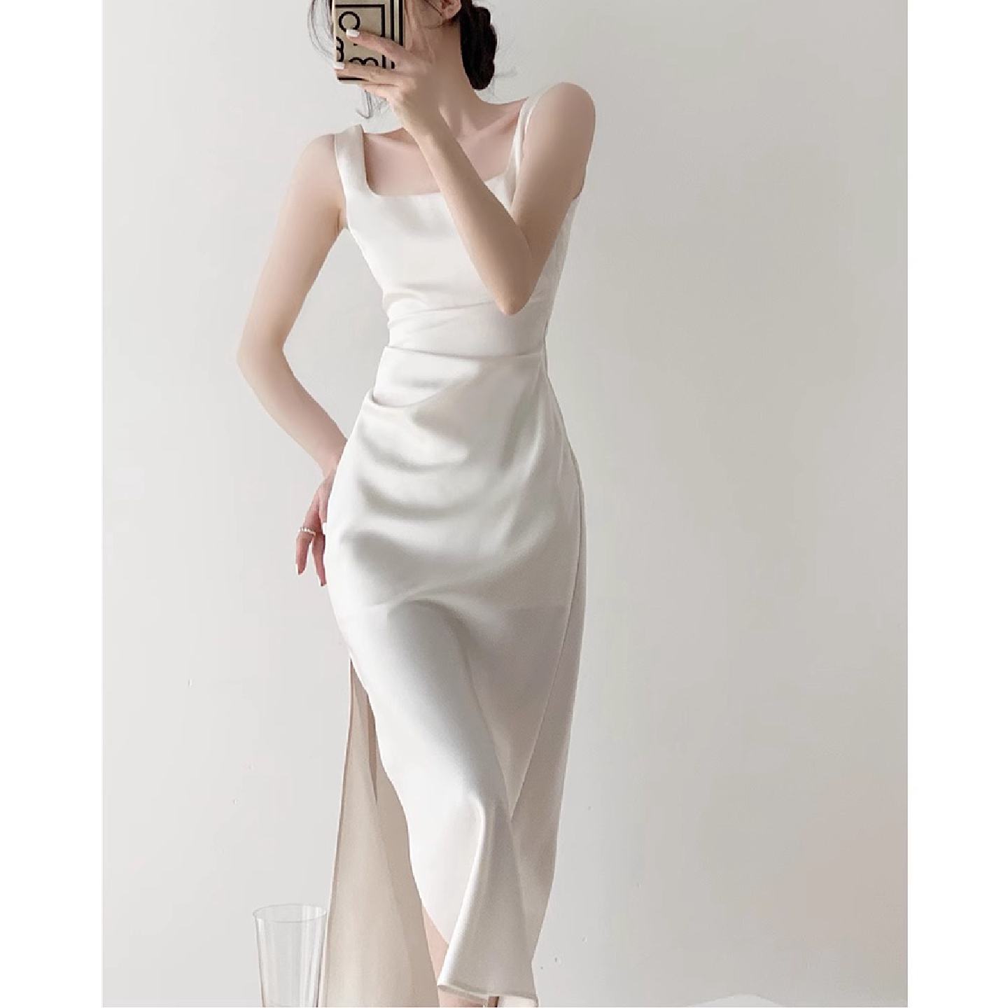 2026夏白色无袖礼服高级感领证登记小白裙缎面洋装订婚礼服礼裙