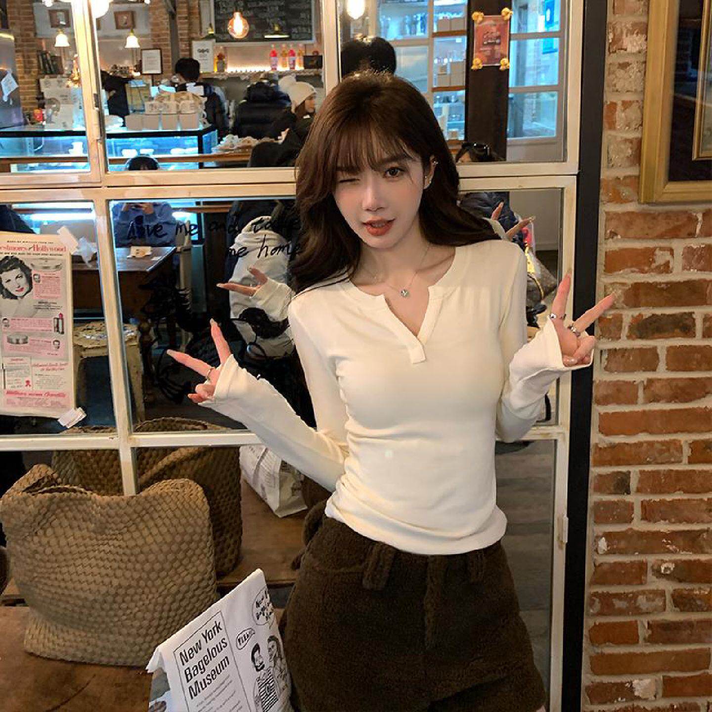 v领长袖T恤女春夏季内搭打底衫修身显瘦可外穿上衣