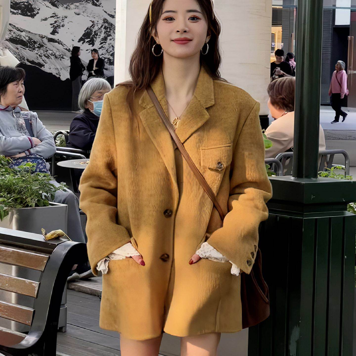 高端夹棉加厚法式复古西装毛呢外套女冬季新款宽松气质中长款大衣