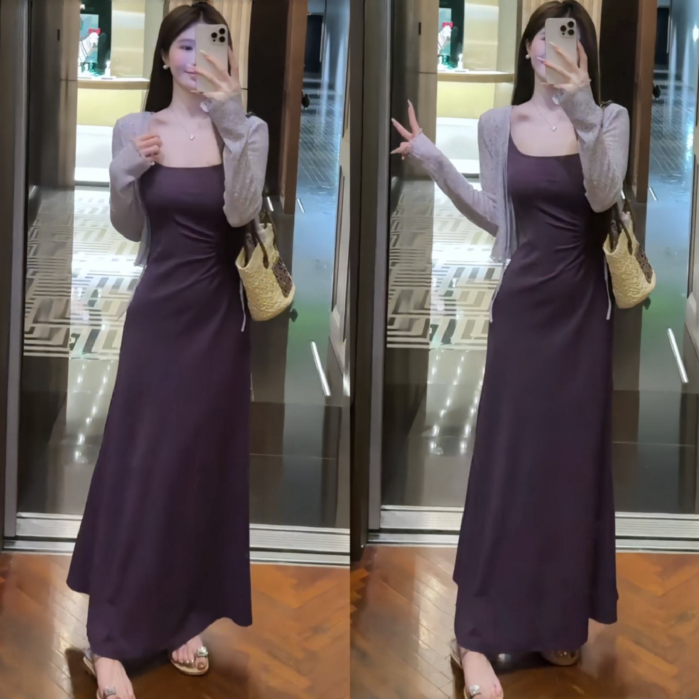 法式无袖收腰吊带连衣裙防晒开衫套装女夏纯欲风修身显瘦包臂长裙
