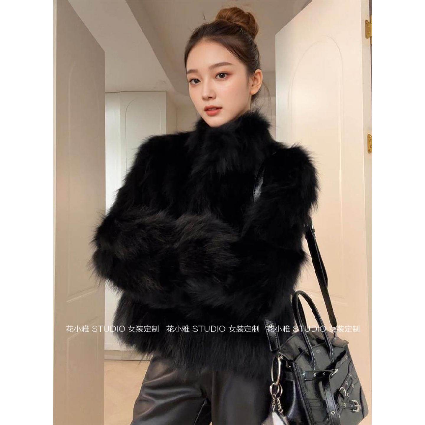 曼品质黑色小香风皮草外套女2025新款冬小个子加厚加绒短款毛毛皮