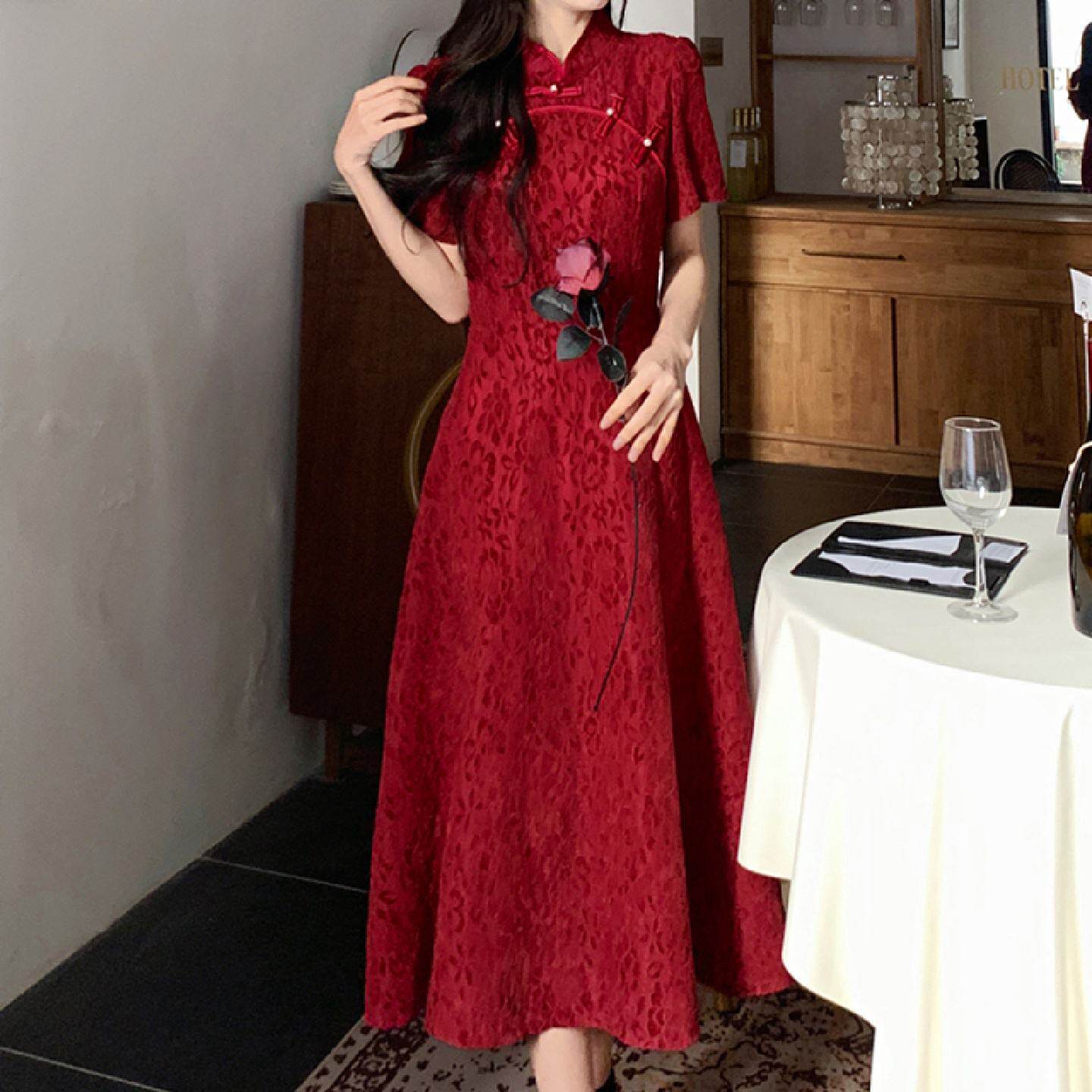 大码裙子女夏季新中式国风旗袍敬酒服新娘红色订婚回门伴娘连衣裙