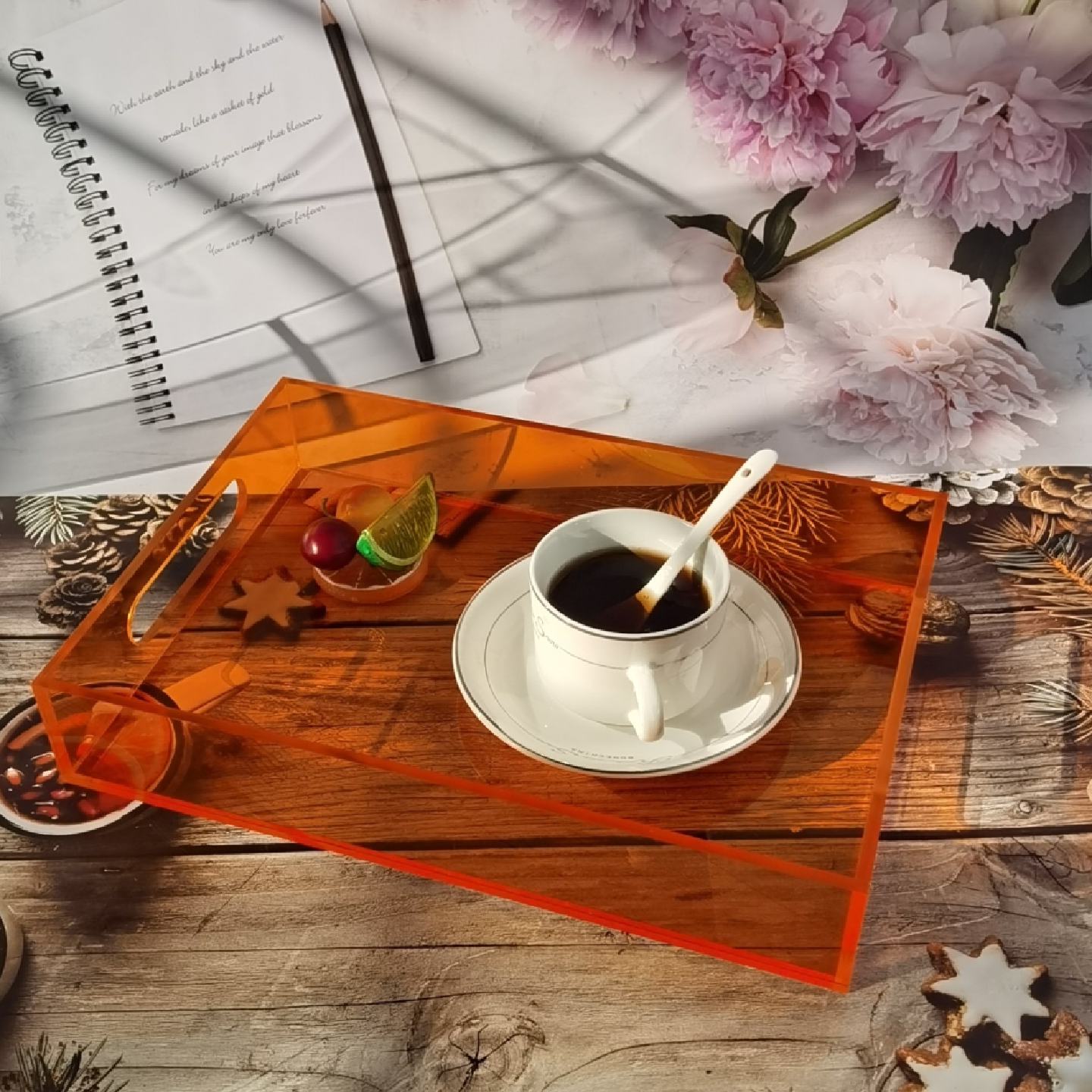 亚克力彩色透明桌面收纳盘零食托盘咖啡盘有机玻璃方盘水缸可定制