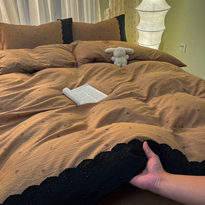 韩式复古咖色蝴蝶结皱皱纱床上四件套蕾丝花边被套床单宿舍三件套