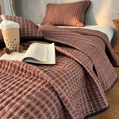 简约复古红格皱皱纱床盖三件套