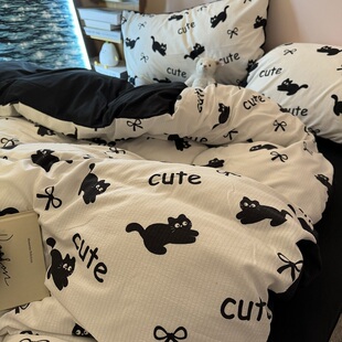 卡通可爱萌趣小猫泡泡棉床上四件套1.5m单人被套学生宿舍三件套