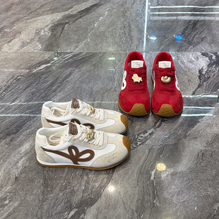 洋气歪头~真皮平底德训鞋女2026春新款丑萌拼色花卉芭蕾运动鞋