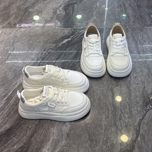 圆头系带休闲运动板鞋 超轻底 韩版 女2025夏季 真皮厚底舒适小白鞋