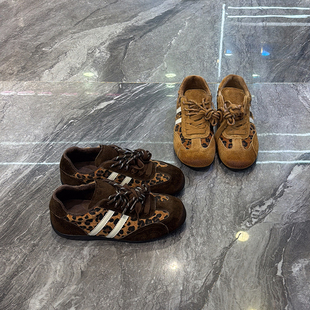 复古双色带显脚小运动阿甘鞋 时髦真皮软底豹纹德训鞋 女2025冬新款