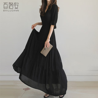 百洛安V领法式优雅短袖连衣裙女2024夏新款仙气蛋糕裙黑色长裙子