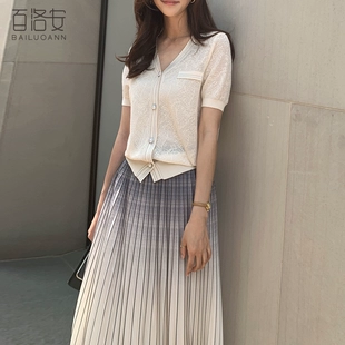 新款 女夏季 短袖 时尚 百洛安外搭薄针织开衫 勾花镂空空调衫 V领上衣