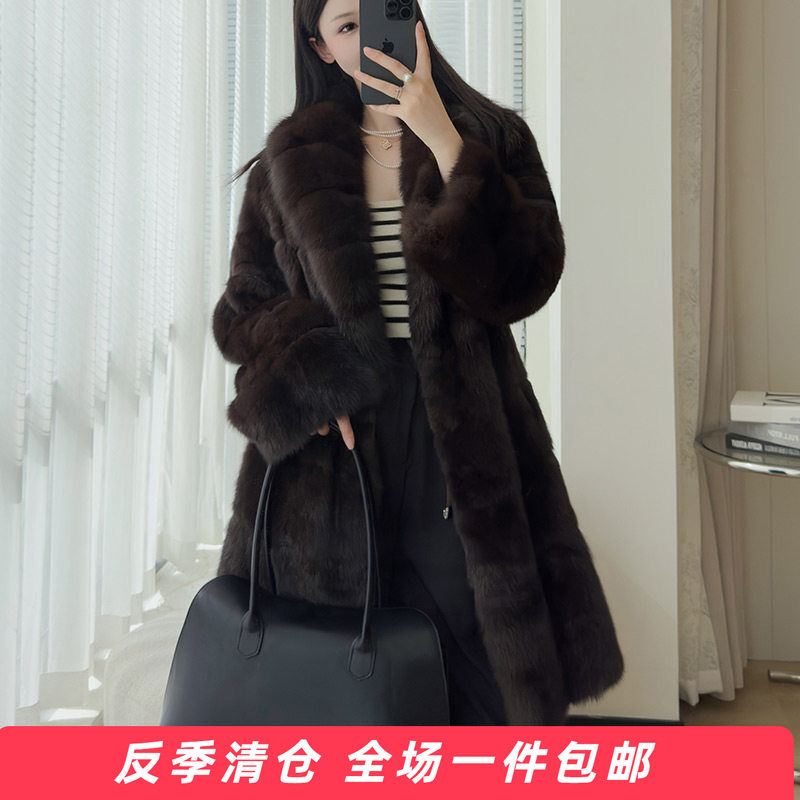 冬季显贵紫貂毛中长款皮草貂毛大衣翻领水貂皮保暖轻奢上衣女本色