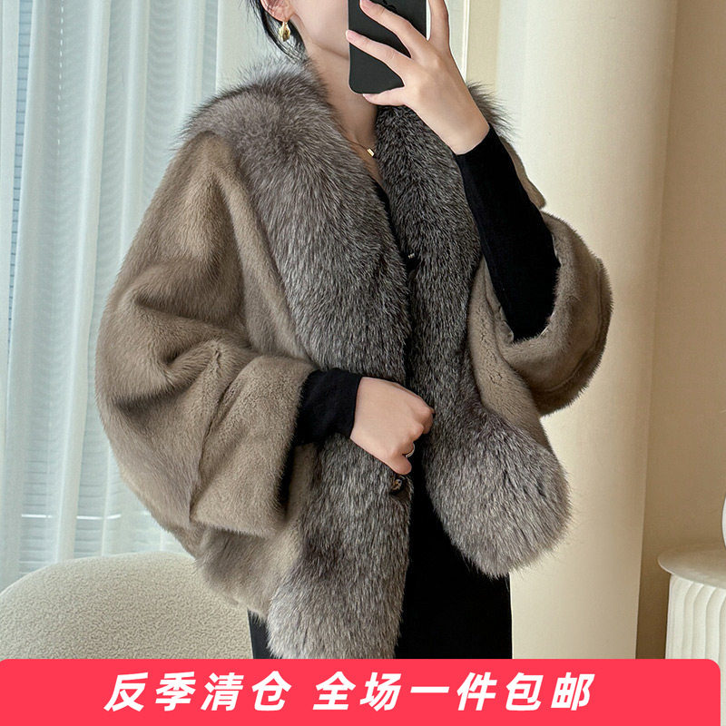 水貂皮大衣女进口整貂皮草外套时尚狐狸毛时尚蝙蝠袖短款貂毛