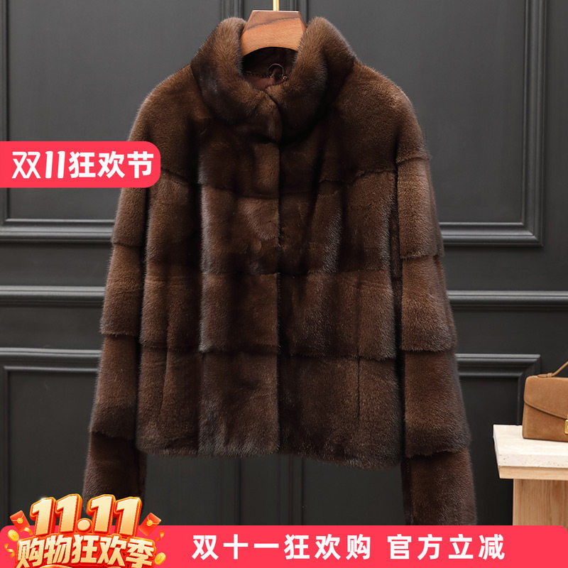 水貂皮大衣女短款立领咖啡横排整貂毛皮草小母貂裘皮外套2026新款