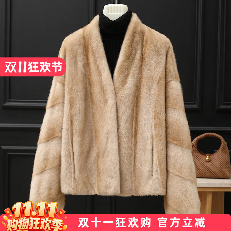 进口水貂皮大衣V领斜排挽袖女小母貂整貂皮草外套秋冬新款1011
