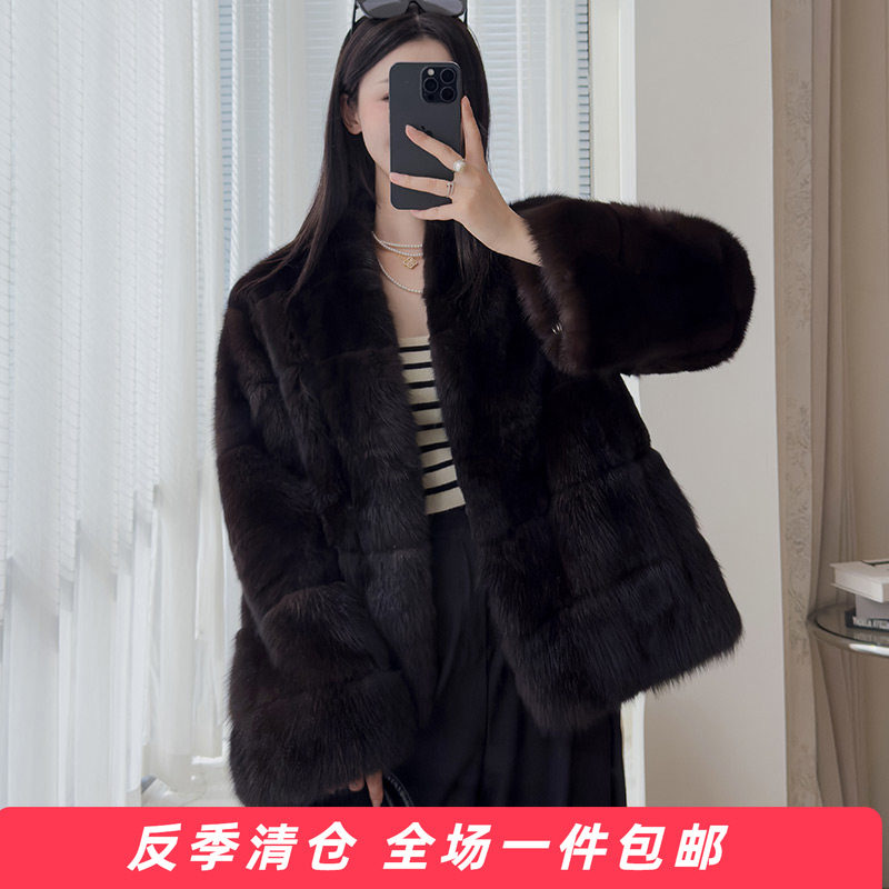 高端紫貂大衣女V领宽松短款皮草冬季保暖貂毛外套时尚年轻款
