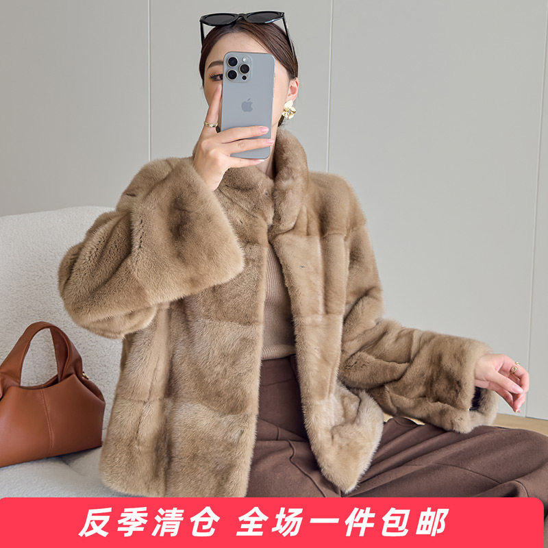 水貂皮大衣女短款立领长袖2025冬新款海宁进口整貂毛皮草横排外套