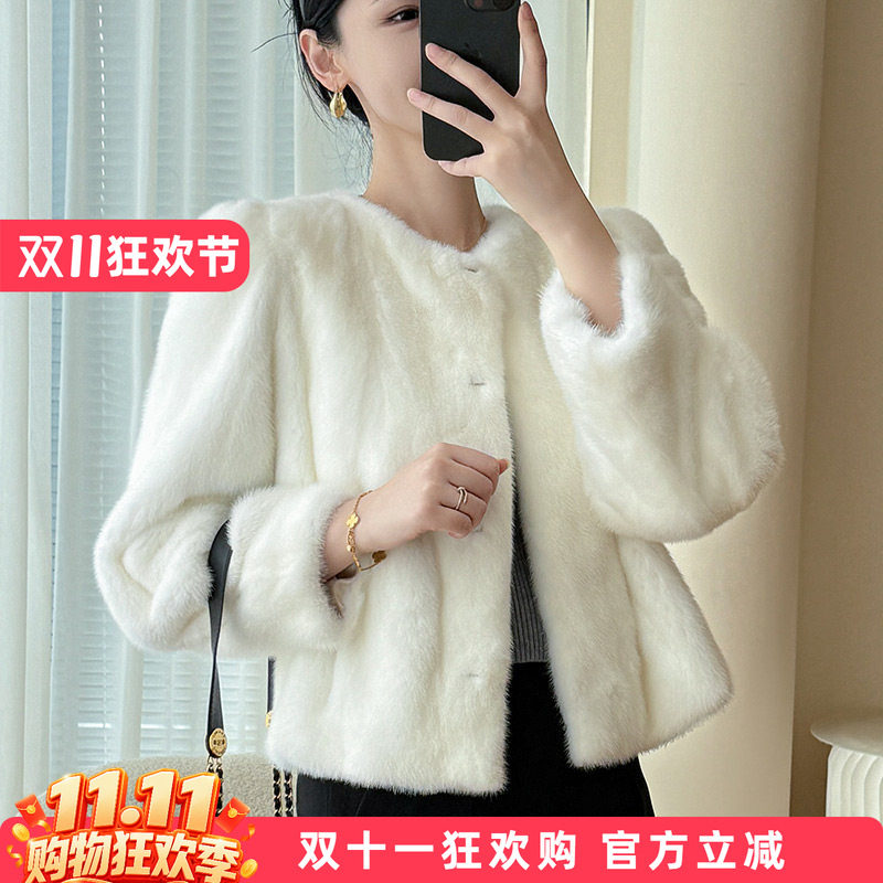 水貂皮大衣女短款圆领修身2026冬季新款海宁整貂皮草外套小母貂