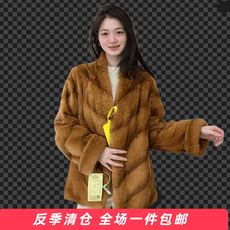 水貂挽袖斜排整貂皮草大衣秋冬新款进口天鹅绒外套