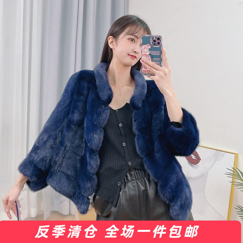 水貂皮大衣女进口整貂短款皮草时尚短款斜排冬季新款年轻款七分袖