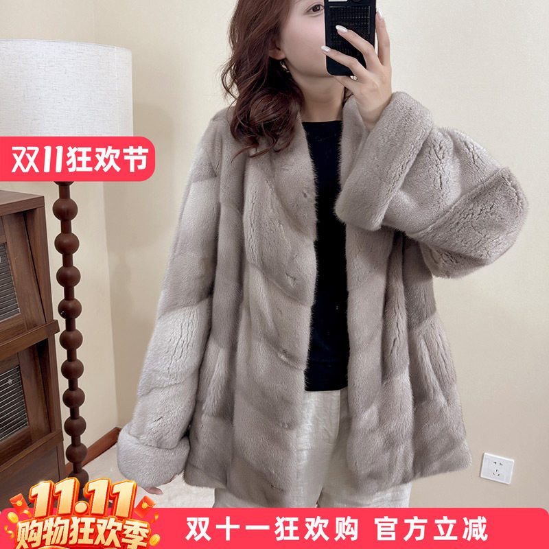 进口小母貂水貂皮大衣斜排挽袖海宁皮草外套新款时尚百搭银兰1011