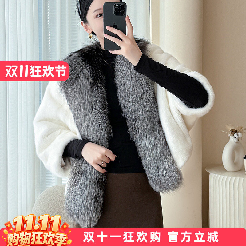 女士进口整貂皮草外套狐狸毛门禁V领蝙蝠袖冬海宁水貂裘皮开衫