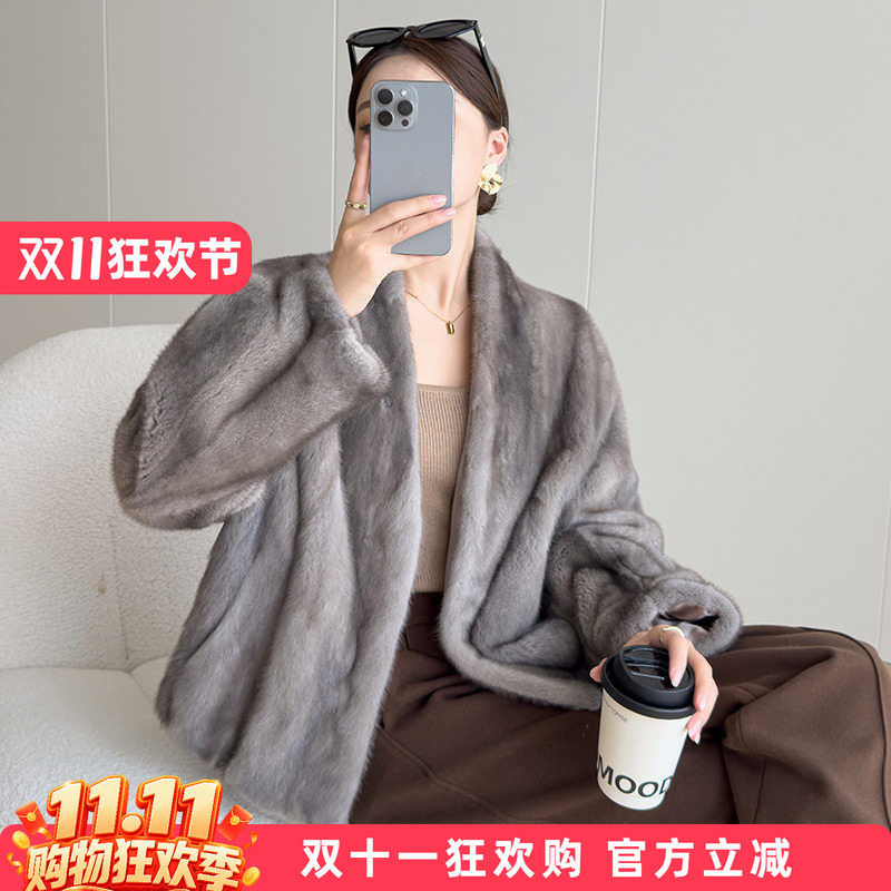 2026冬季新款水貂皮草外套女短款V领海宁整貂毛皮草裘皮大衣韩版