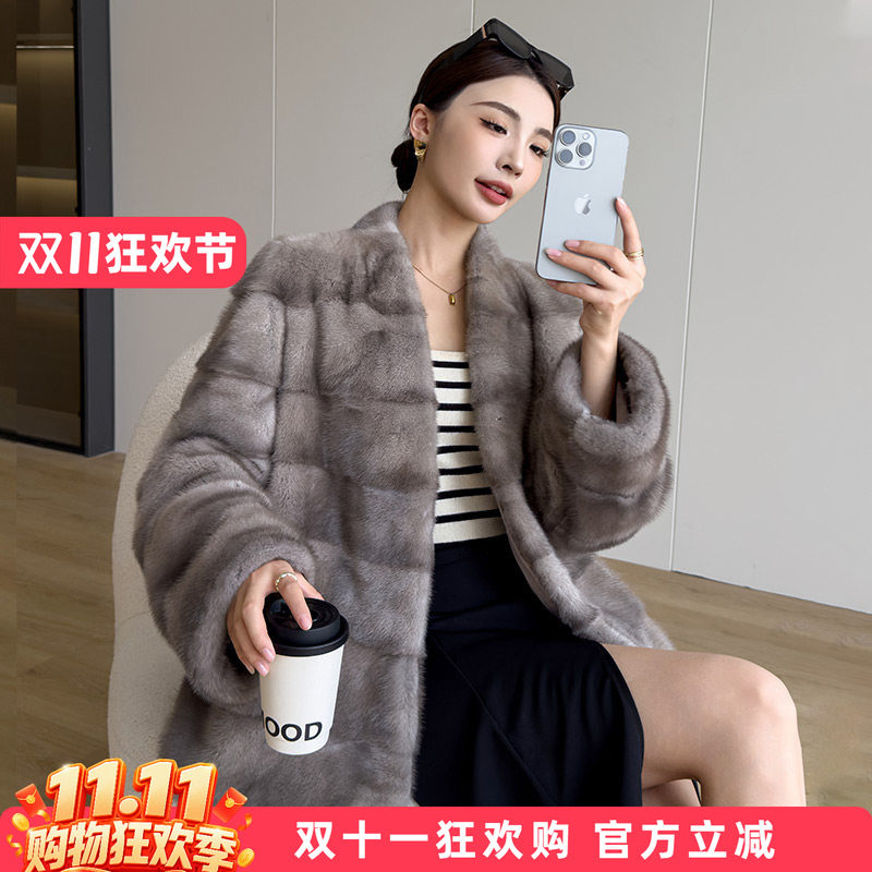 水貂皮大衣女V领2026冬季新款海宁短款横排整貂毛皮草真貂毛外套