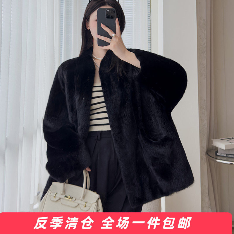 整皮水貂大衣女立领皮草冬季慵懒风保暖中长款貂毛外套显瘦黑色