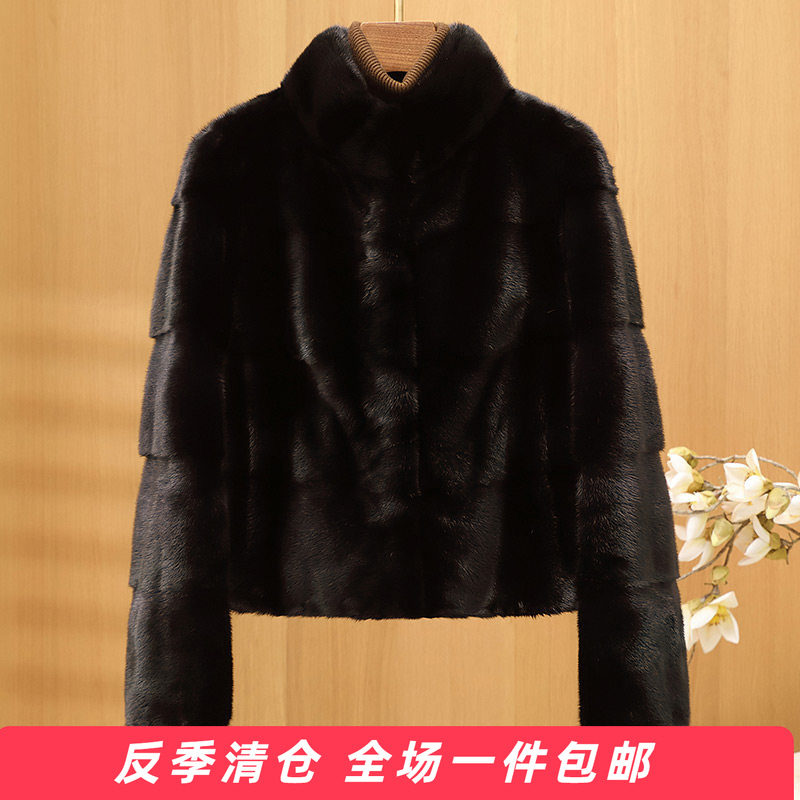 水貂皮大衣女进口整貂显瘦本色皮草外套时尚立领真貂毛短款海宁