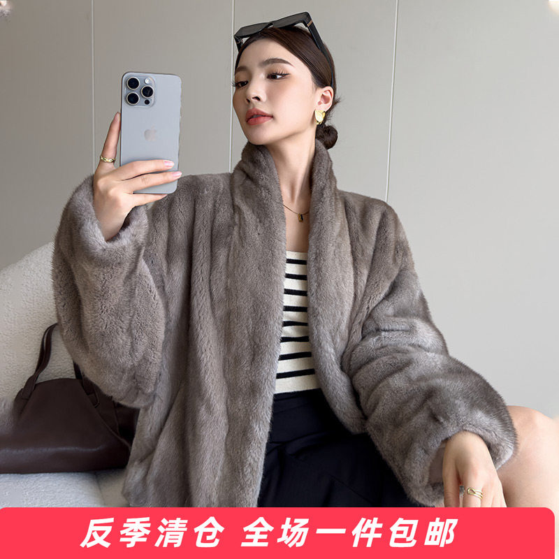 水貂皮大衣整貂皮草外套女貂毛海宁2025新款银蓝本色短款直筒时尚