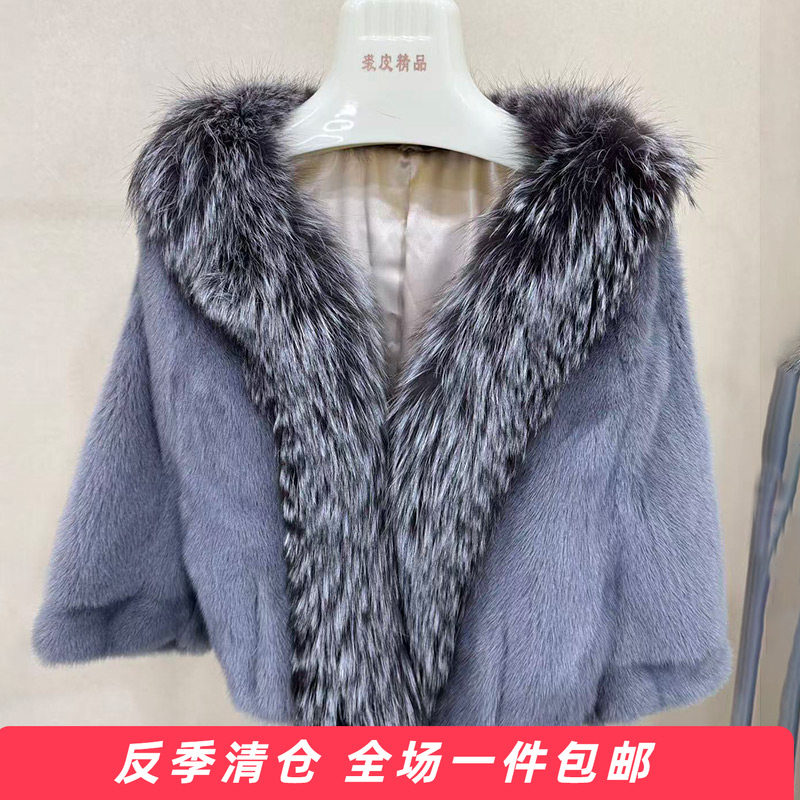 水貂皮大衣女整貂皮草超大狐狸毛时尚蝙蝠袖母貂毛短款2025新款