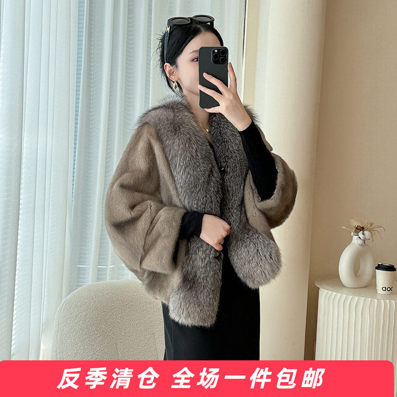 水貂皮大衣女短款大狐狸毛领蝙蝠袖2025冬季新款海宁整貂皮草外套
