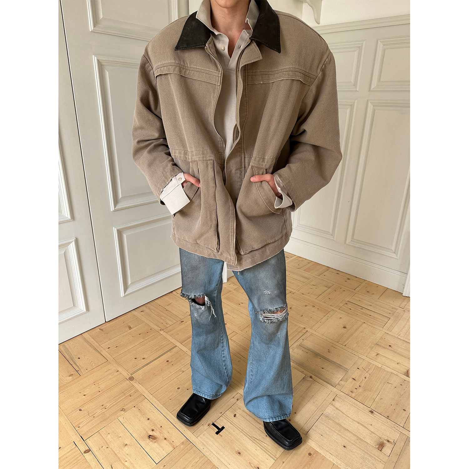 皮领做旧卡其色帆布派克夹克大衣