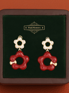 巴黎Pink Memory满钻红色花朵新年耳钉高级感轻奢女古风配饰耳环
