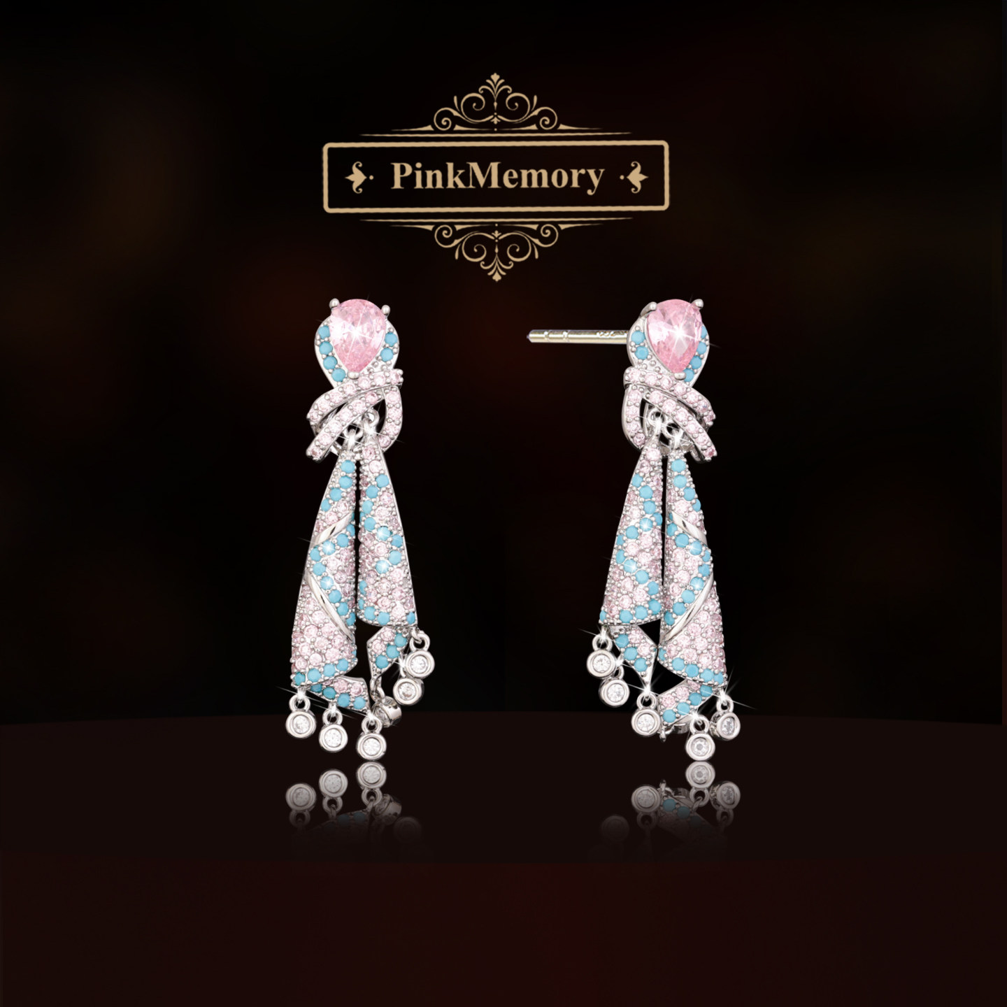 巴黎Pink Memory多彩宝石芭蕾绸带耳钉高级感轻奢女新款领针耳环