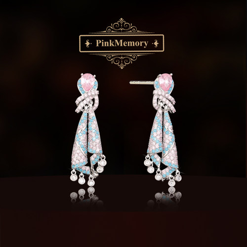 巴黎Pink Memory多彩宝石芭蕾绸带耳钉高级感轻奢女新款领针耳环