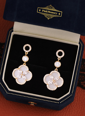 巴黎Pink Memory设计师满钻流苏水晶四叶草耳钉轻奢古风配饰耳环