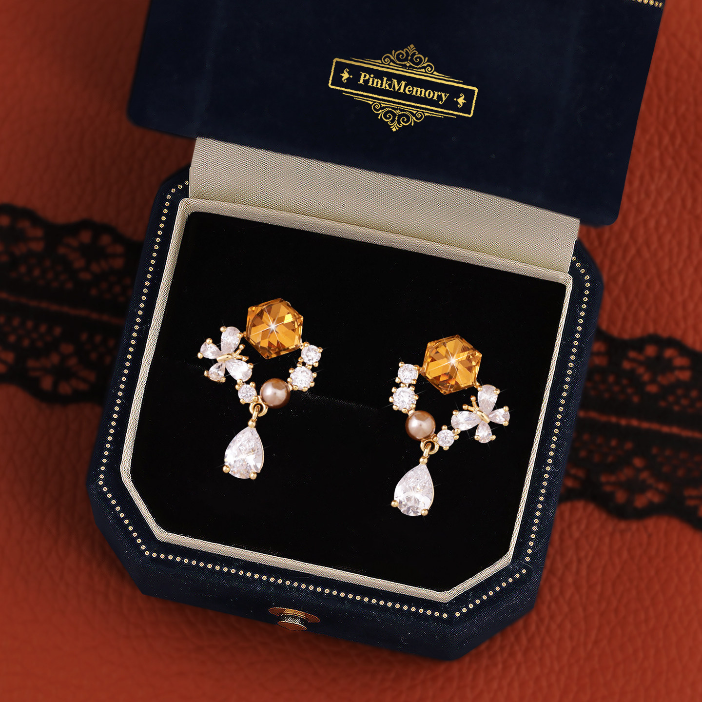 巴黎Pink Memory设计师满钻蝴蝶宝石水滴耳钉高级感轻奢领针耳环