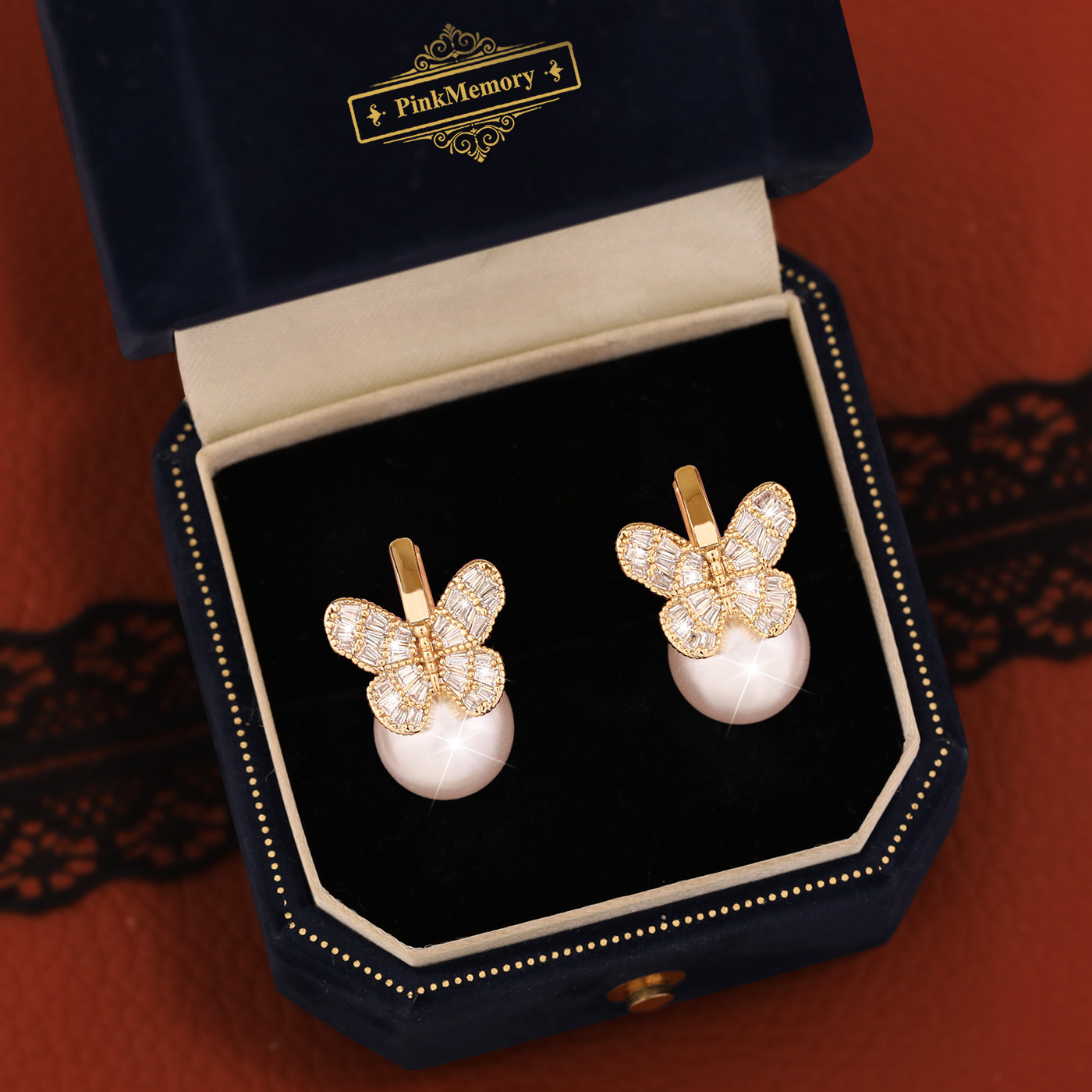 巴黎Pink Memory满天星蝴蝶珍珠耳钉高级感轻奢女款爆闪领针耳环