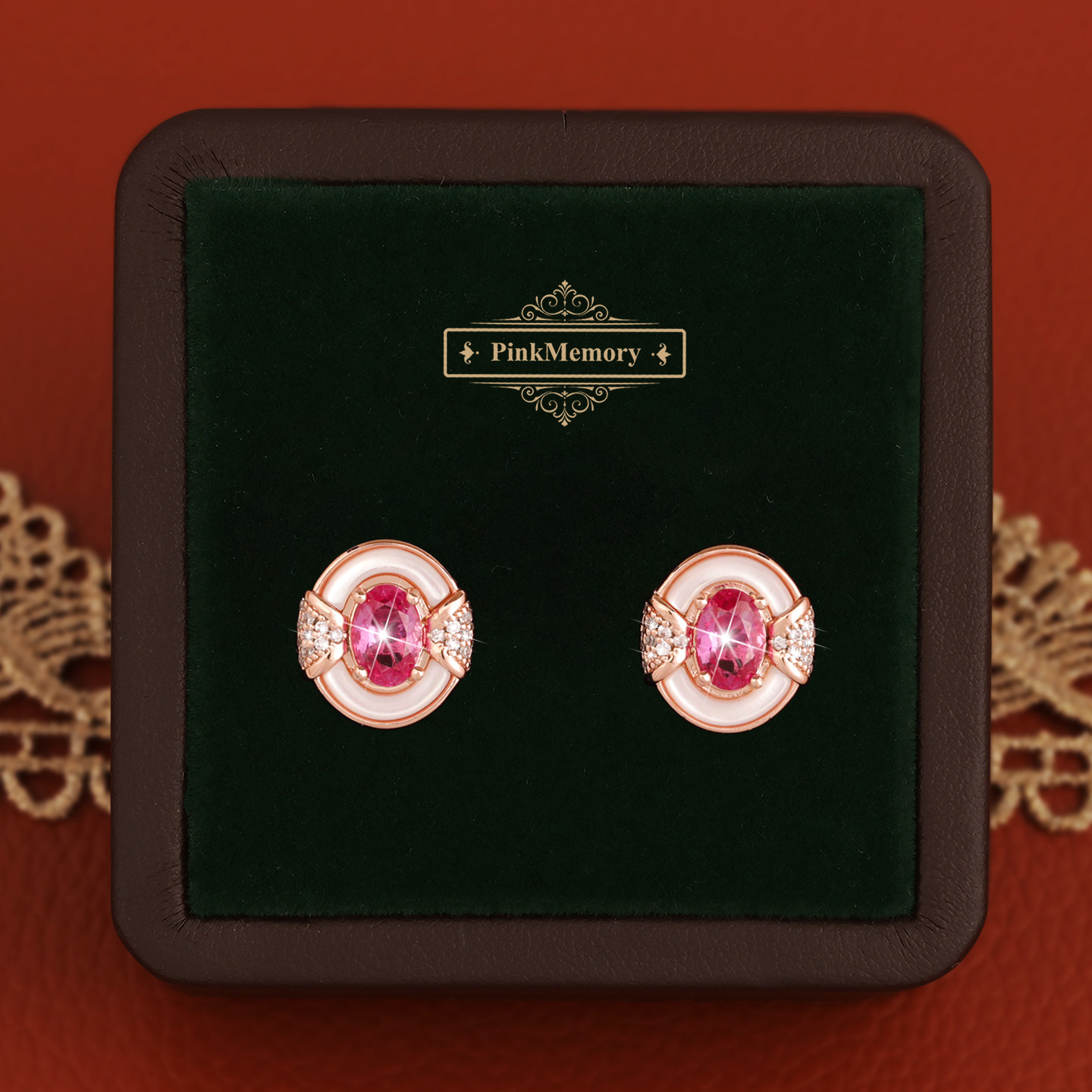巴黎Pink Memory设计师满钻粉宝石椭圆耳钉轻奢女款古风配饰耳环