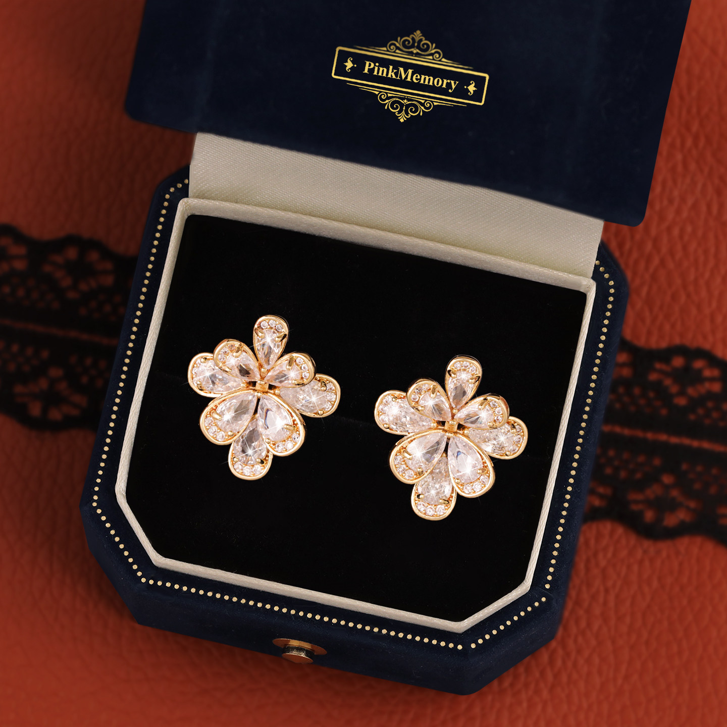 巴黎Pink Memory设计师法式水晶蝴蝶花耳钉轻奢爆闪古风配饰耳环