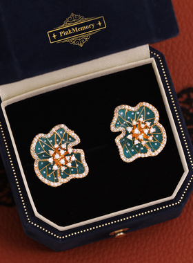 巴黎Pink Memory设计师满钻露珠荷叶耳钉轻奢女珐琅古风配饰耳环