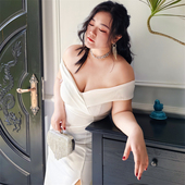 玫瑰欲白开叉绝美一字肩连衣裙微胖订婚宴正式 场合轻礼服平时可穿