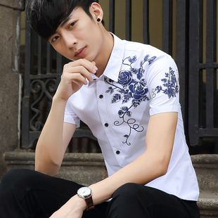 衬衫 冰丝男性长袖 衣衫 夏天印花男装 男土衫 短袖 补衫 春秋衫 衬衣修身